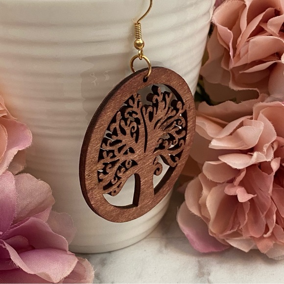 Boho Hand Carved Round Wood Tree of Life Earrings - Picture 5 of 8
